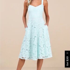Lulus Divine Beauty Mint Blue Lace Midi Dress With Pockets M